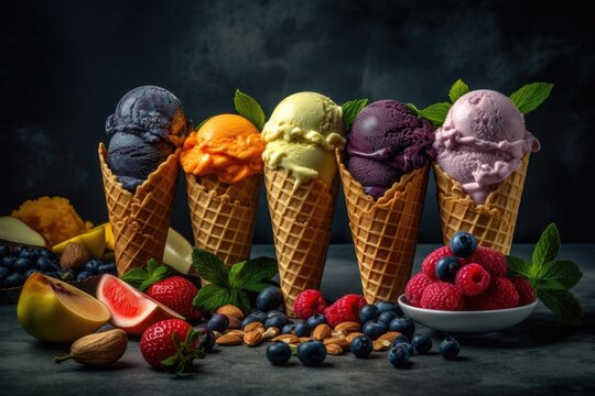 Various of ice cream flavor in cones blueberry, strawberry, pistachio, almond, orange and cherry setup on dark stone background . Summer menu concept. Image generated by artificial intelligence