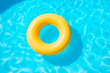 Fototapeta premium Yellow swimming pool ring float in blue water. AI Generative.