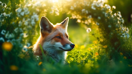 Fox smiling slyly looks out of the grass and flowers in the forest.Generative AI