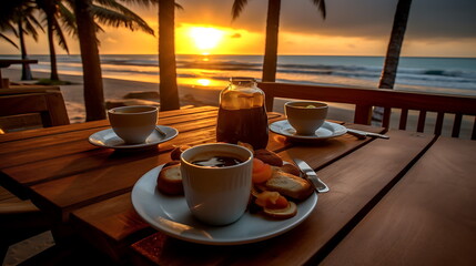 Breakfast at dawn on sea beach blurred background. Ai generative