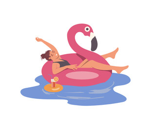 Relaxed woman floating in rubber swan ring drinking cocktail while rest in swimming pool or sea