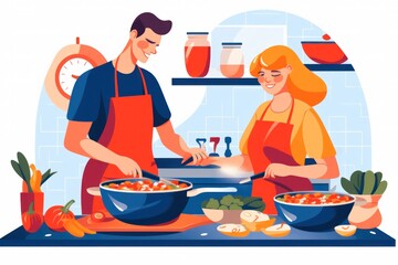 happy couple cooking food together in the kitchen. flat illustration.Generative AI