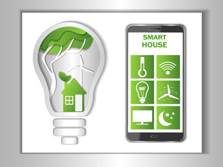 The concept of a smart eco-friendly home, a smartphone with a remote control application. Concept of green house, green energy, eco house, green city, recycling concept, clean house
