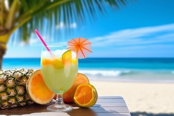 Obraz premium Tropical fruits and Cocktails above tropical sandy beach. Tropical cocktail, juice and fruits. Generative AI technology.