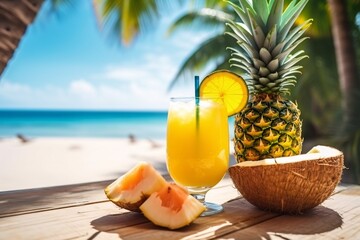 Fototapeta na wymiar Tropical fruits and Cocktails above tropical sandy beach. Tropical cocktail, juice and fruits. Generative AI technology.