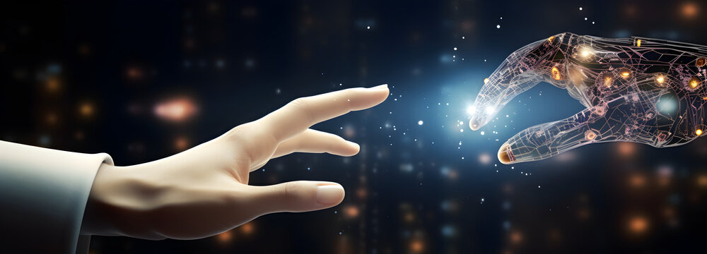 AI, Machine learning, Hands of robot and human touching on big data network connection, Data exchange, deep learning, Science and artificial intelligence technology, innovation of futuristic