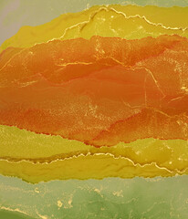 Watercolor and alcohol ink smoke flow stain blot on paper background. Yellow; orangeand gold colors. Marble texture.