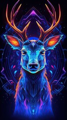 Neon light Deer animal on black background. Portrait of glow light animal. Generative AI