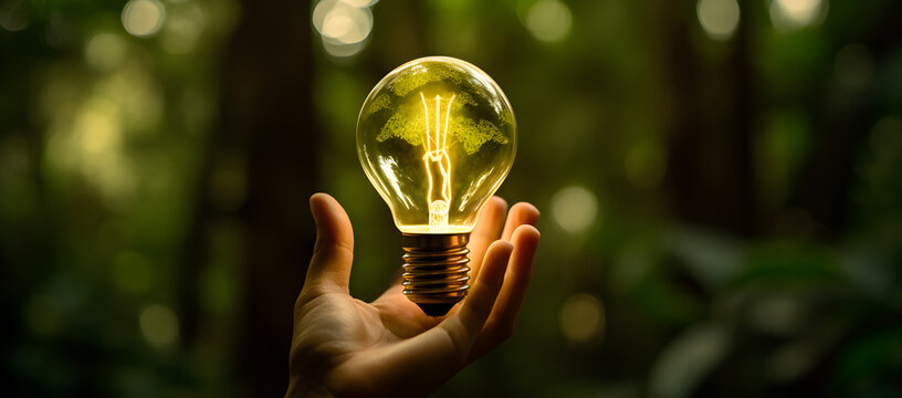 Hand Holding Light Bulb Against Nature On Green Leaf With Energy Sources, Sustainable Developmen And Responsible Environmental, Energy Sources For Renewable, Ecology Concept.