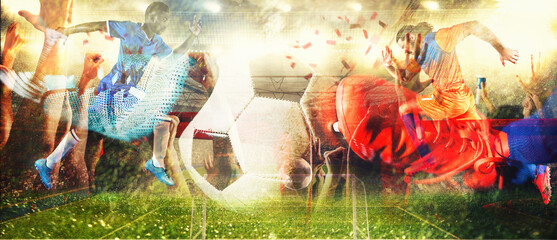 Double exposure soccer background with two soccer players and stadium