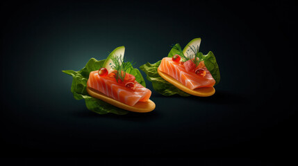 mini canape stuffed with tomato, cheese, spinach and red fish close-up. Generative AI