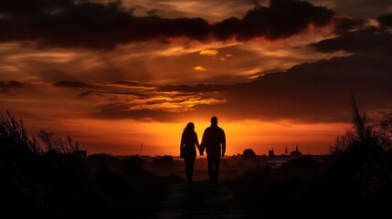 silhouettes couple holding hands at sunset. Generative AI