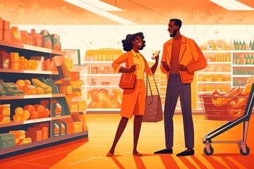 happy african american couple shopping together at the grocery store. flat illustration.Generative AI