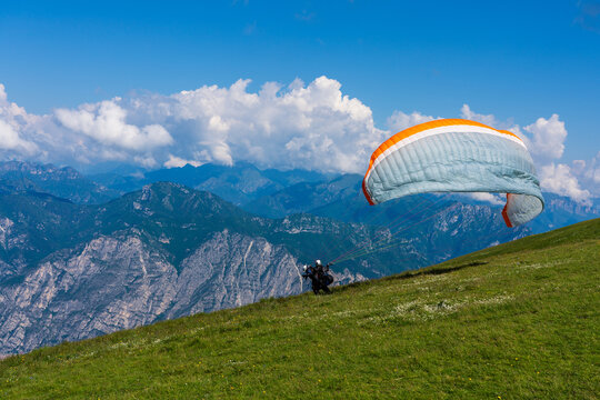 Paragliding from Monte Baldo over Lake Garda in Italy.
