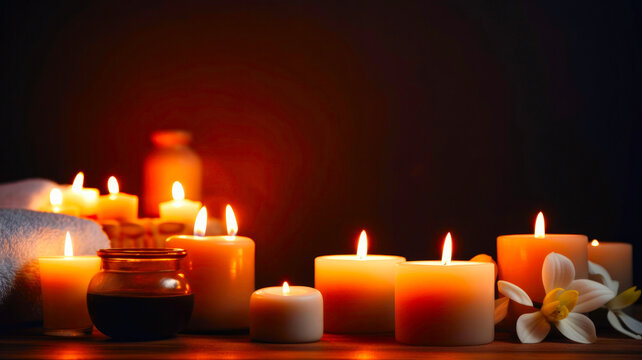 Spa and massage mockup template with candles and flowers. Created with Generative AI technology.