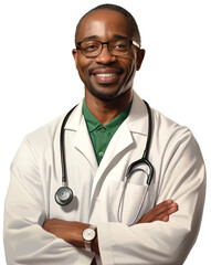 Portrait of a young male African American doctor in glasses. Generative AI.