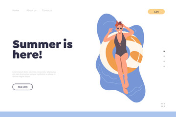Summer is here landing page design template with happy woman rest at tropical resort pool