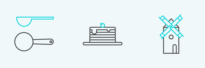 Set line Windmill, Measuring spoon and Stack of pancakes icon. Vector