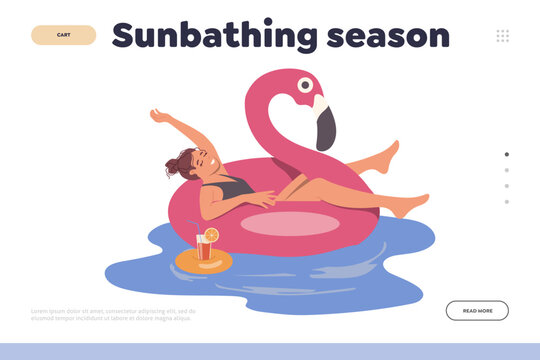 Sunbathing season landing page website template with happy relaxed woman character swimming in pool