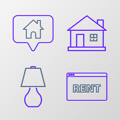 Set line Hanging sign with text Online Rent, Table lamp, House and Map pointer house icon. Vector