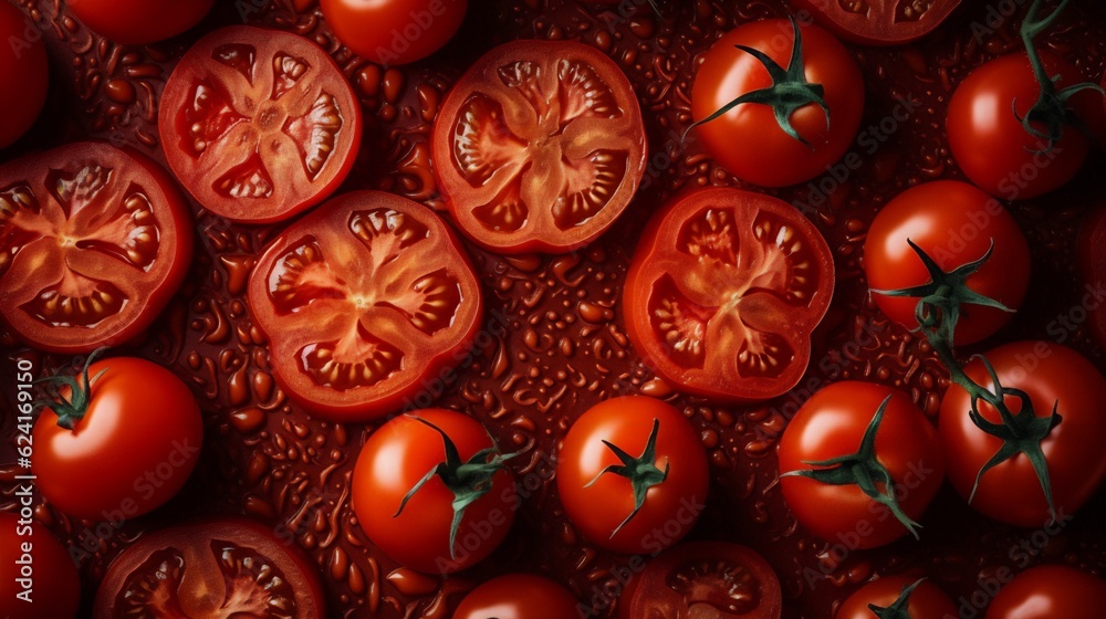 Wall mural tomatoes on a dark background, pattern, ai generation