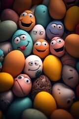 background emotional Colorful eggs. illustration painted eggs with digital face elements eyes smile mouth characters.Generative AI