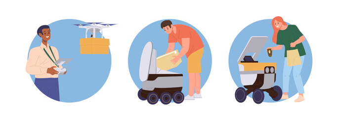 Isolated set of round composition with happy people using automated robotic delivery device
