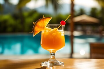 Tropical cocktail, juice and fruits. Tropical fruits and cocktails on the background of the pool.  Generative AI technology.