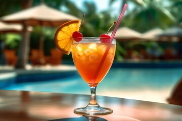 Tropical cocktail, juice and fruits. Tropical fruits and cocktails on the background of the pool.  Generative AI technology.