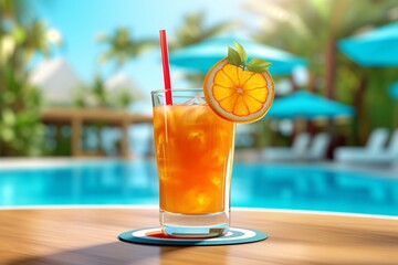 Tropical cocktail, juice and fruits. Tropical fruits and cocktails on the background of the pool.  Generative AI technology.