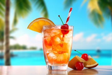 Tropical cocktail, juice and fruits. Tropical fruits and cocktails on the background of the pool.  Generative AI technology.