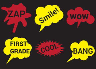 Lettering back school, go, goal, football, super, hey. Set comics book balloon. Bubble speech phrase. Cartoon exclusive font label tag expression. Comic text sound effects. Sounds vector illustration.