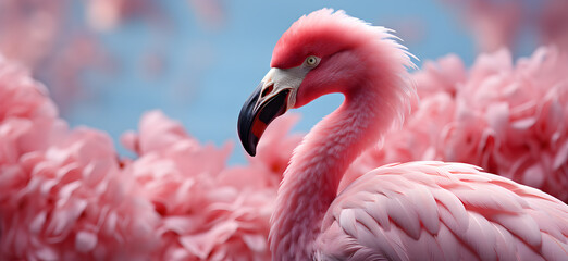 Fototapeta premium Flamingo walking, pink background Generative AI