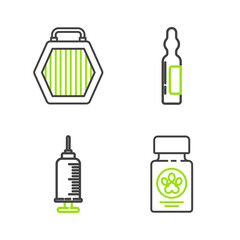 Set line Dog medicine bottle and pills, Syringe with pet vaccine, Pets vial medical and carry case icon. Vector