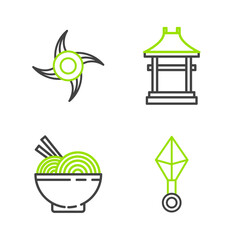 Set line Japanese ninja shuriken, Asian noodles bowl and chopsticks, Gate and icon. Vector
