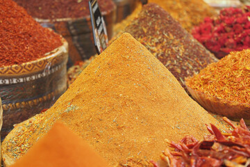 Traditional spices and dry fruits in local bazaar in turkey .