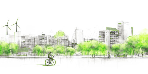 sustainable eco friendly urban city landscape drawing sketch style concept of environmentally friendly green energy city development. generative ai