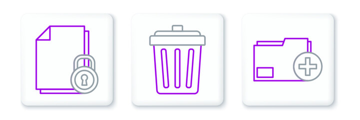 Set line Add new folder, Document and lock and Trash can icon. Vector