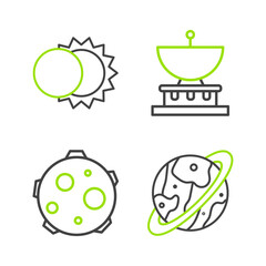 Set line Space capsule and parachute, UFO abducts cow, Planet Saturn and Eclipse of the sun icon. Vector