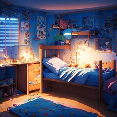 A beautiful painting for a children's bedroom, lit by a lamp at night, with wonderful details, colors and lighting