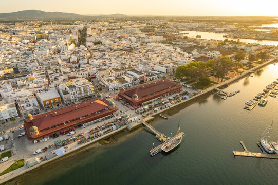 Aerial view of the Olhao cityscape at sunrise, Algarve region, Portugal