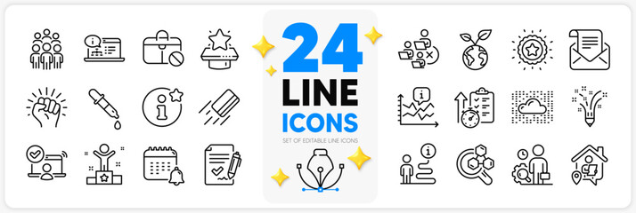 Icons set of Timer, Chemistry pipette and Jobless line icons pack for app with Winner podium, Online documentation, Chart thin outline icon. Credit card, Info, Save planet pictogram. Vector