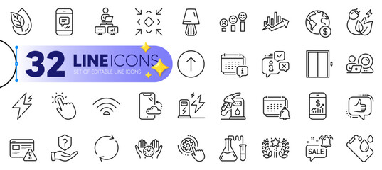 Outline set of Organic product, Like and Mobile finance line icons for web with Cogwheel settings, Video conference, Power thin icon. Message, Green energy, Internet warning pictogram icon. Vector