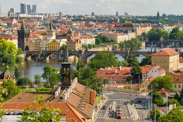 Fototapeta na wymiar Prague old town cityscape with Charles bridge and Vltava river, Czech Republic