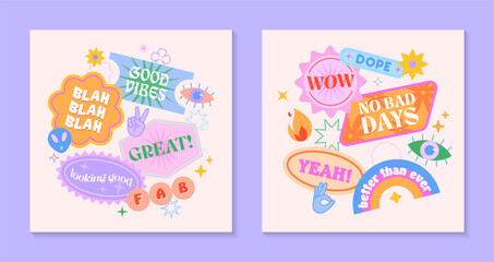 Vector set of cute templates with patches and stickers in 90s style.Modern symbols in y2k aesthetic with text.Trendy funky designs for banners,social media marketing,branding,packaging,covers