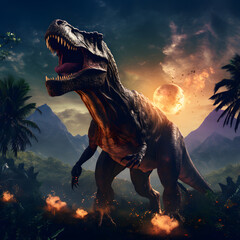 Tyrannosaurus Rex in lush valley with volcano and full moon