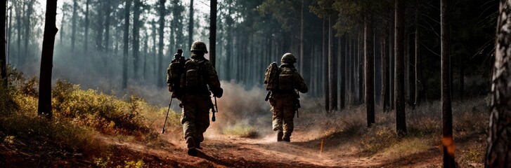 Fully Equipped Soldiers Wearing Camouflage Uniform Attacking Enemy, Rifles in Firing Position. Military Operation in Action, Squad Running Through Dense Forest. Banner. Modern war. Generative AI