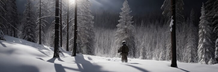 Soldier in winter camouflaged uniform in Modern warfare army on a snow day on forest battlefield with a rifle. Contemporary battlefield. Modern war. Special military operation. Banner. Generative AI