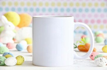 White Coffee Mug Mockup with Colorful Speckled Easter Eggs. 11 oz mug mock up