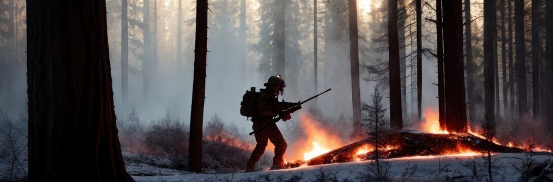 Soldier in winter camouflaged uniform in Modern warfare army on a snow day on forest battlefield with a rifle move through fire and smoke. Modern war. Special military operation. Banner. Generative AI